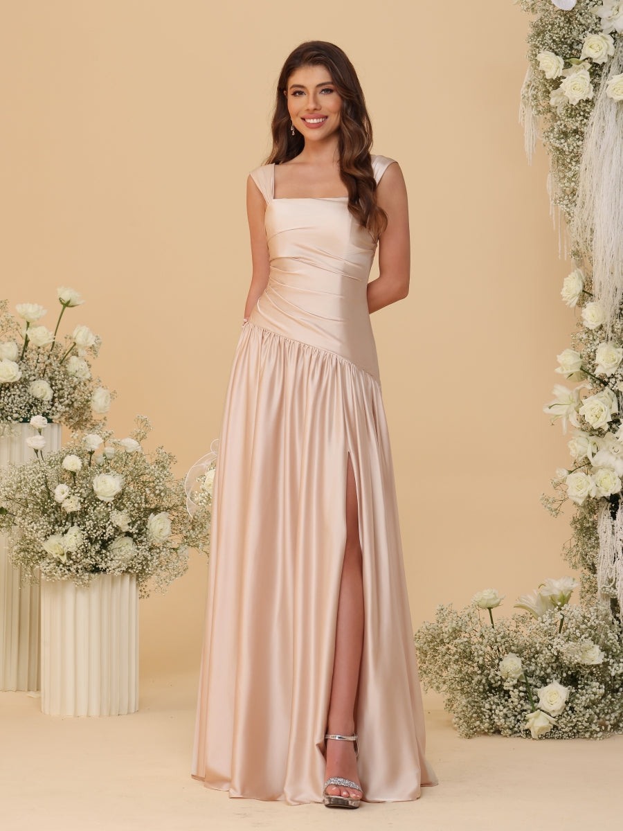 A-Line/Princess Off-the-Shoulder Ruched Long Bridesmaid Dresses With Side Slit & Pleats