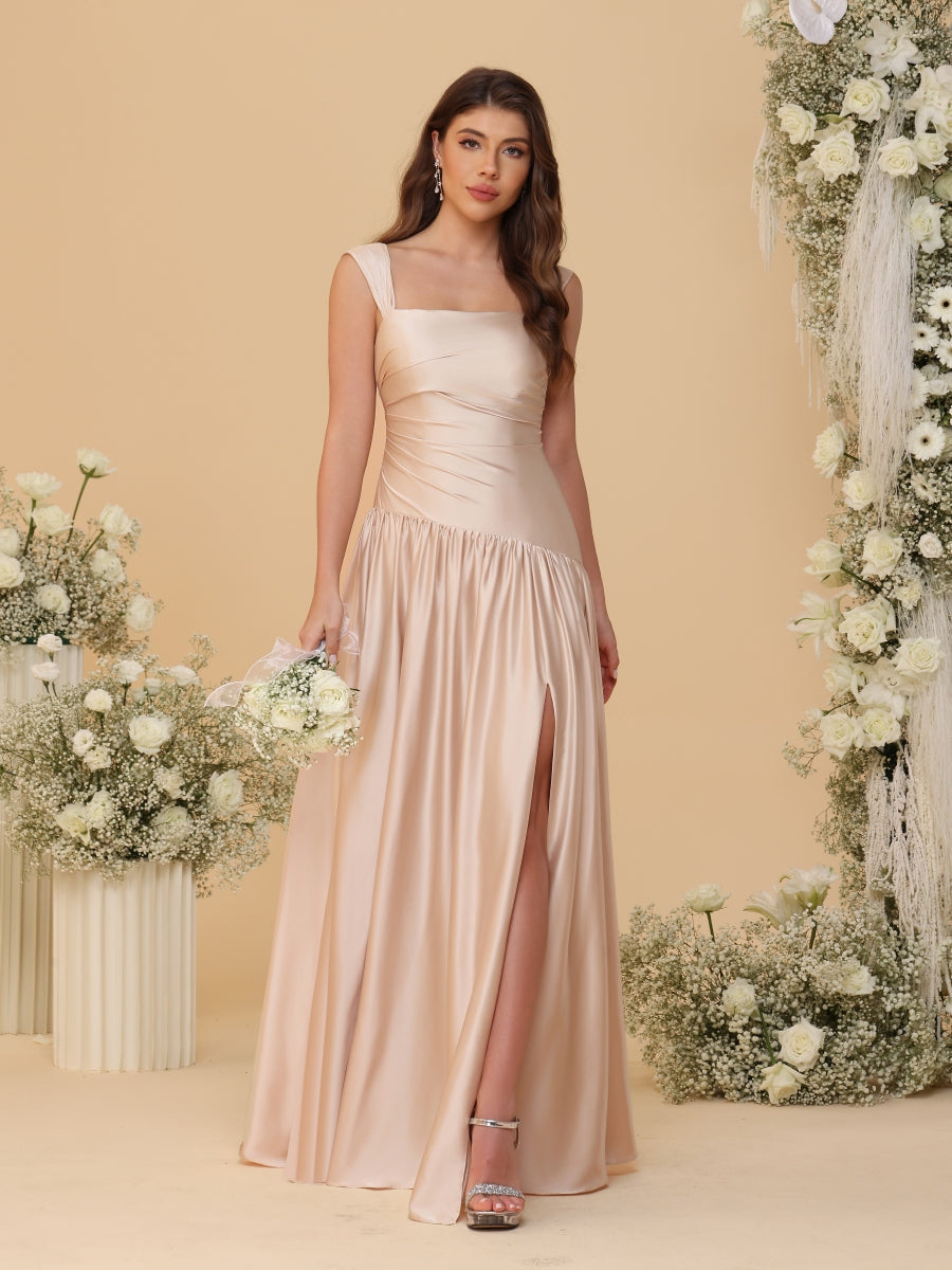 A-Line/Princess Off-the-Shoulder Ruched Long Bridesmaid Dresses With Side Slit & Pleats