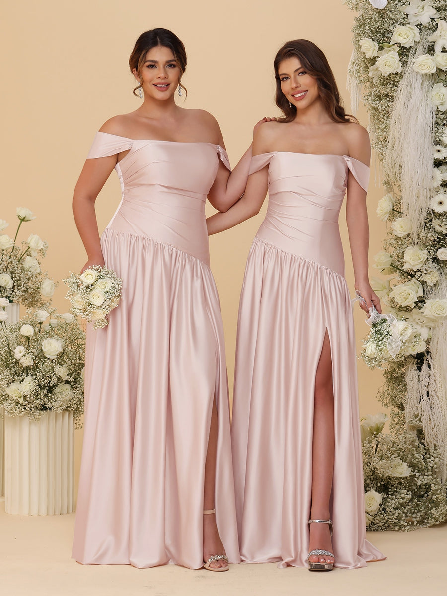 A-Line/Princess Off-the-Shoulder Ruched Long Bridesmaid Dresses With Side Slit & Pleats