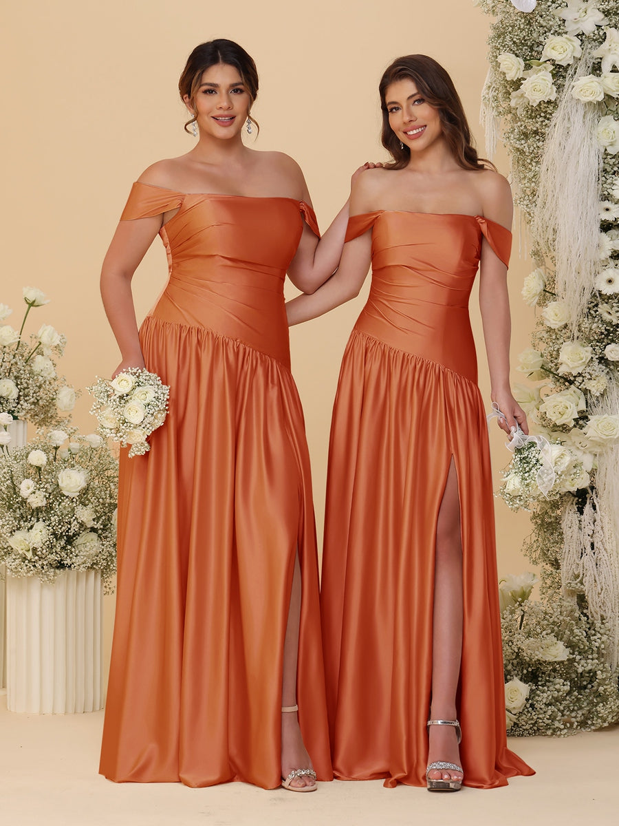 A-Line/Princess Off-the-Shoulder Ruched Long Bridesmaid Dresses With Side Slit & Pleats