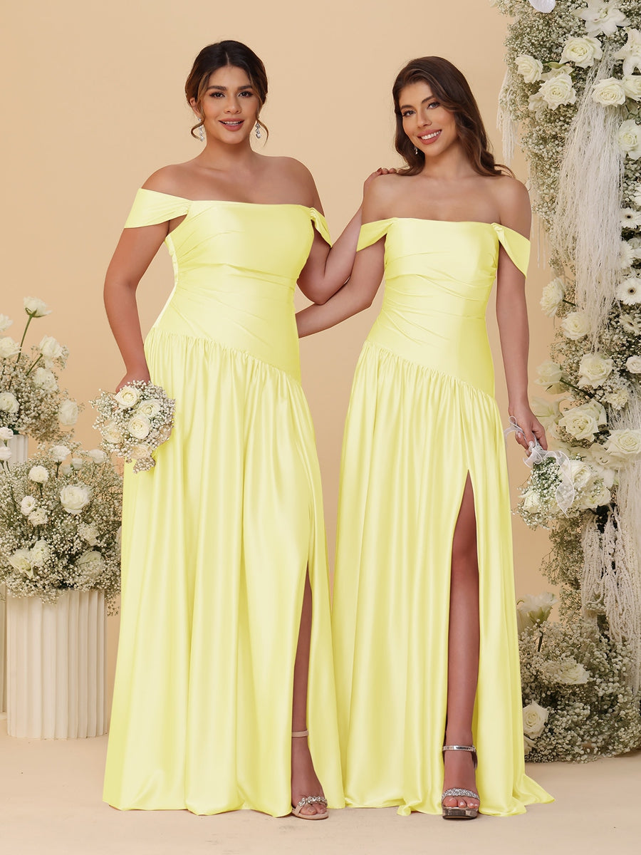 A-Line/Princess Off-the-Shoulder Ruched Long Bridesmaid Dresses With Side Slit & Pleats