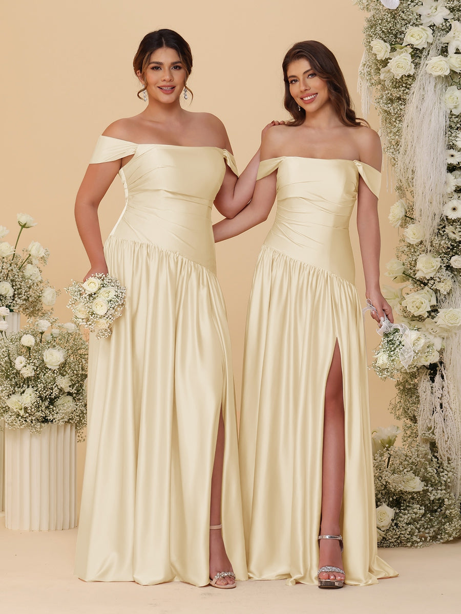A-Line/Princess Off-the-Shoulder Ruched Long Bridesmaid Dresses With Side Slit & Pleats