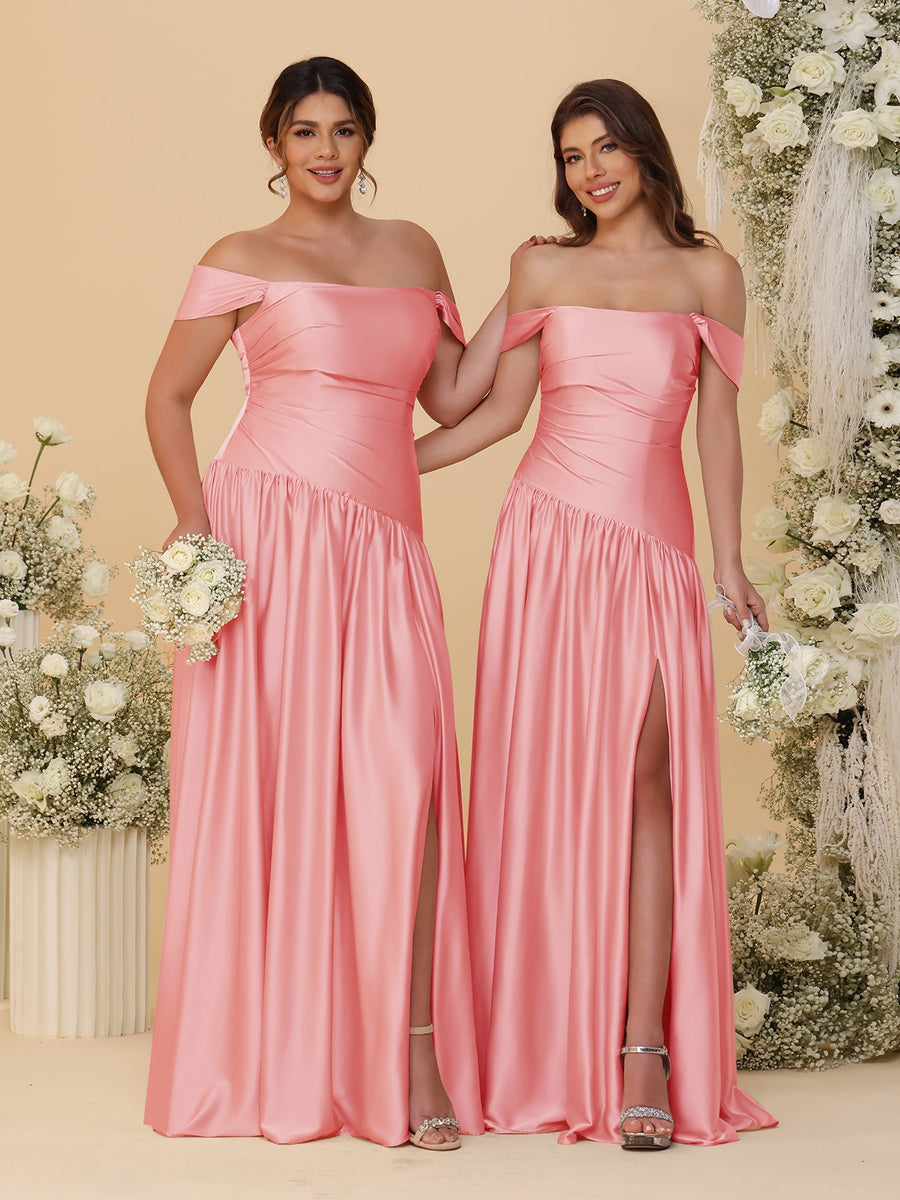 A-Line/Princess Off-the-Shoulder Ruched Long Bridesmaid Dresses With Side Slit & Pleats