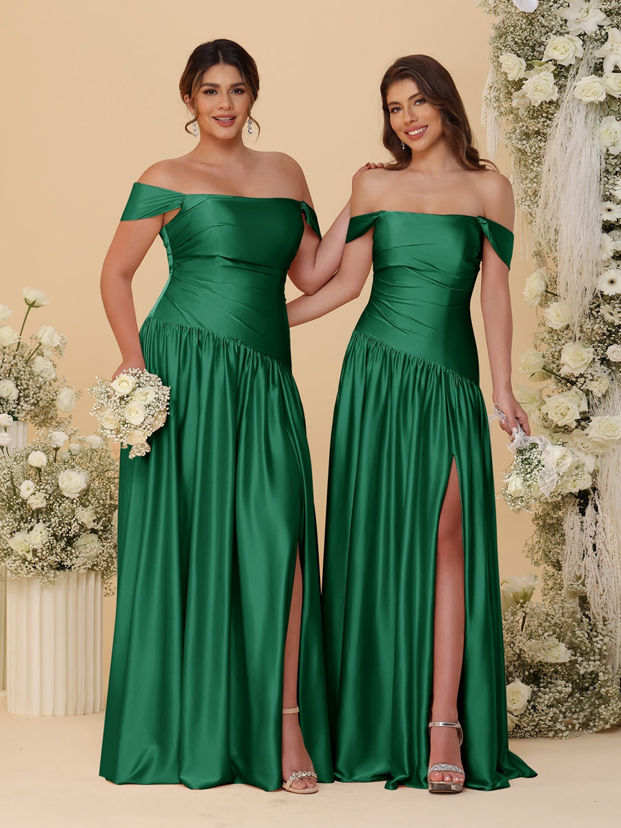 A-Line/Princess Off-the-Shoulder  Ruched Long Bridesmaid Dresses With Side Slit & Pleats