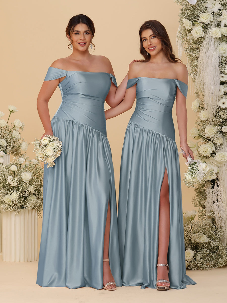 A-Line/Princess Off-the-Shoulder Ruched Long Bridesmaid Dresses With Side Slit & Pleats