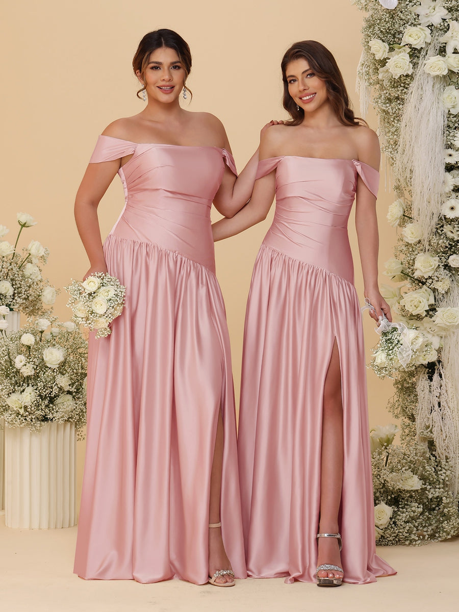 A-Line/Princess Off-the-Shoulder Ruched Long Bridesmaid Dresses With Side Slit & Pleats