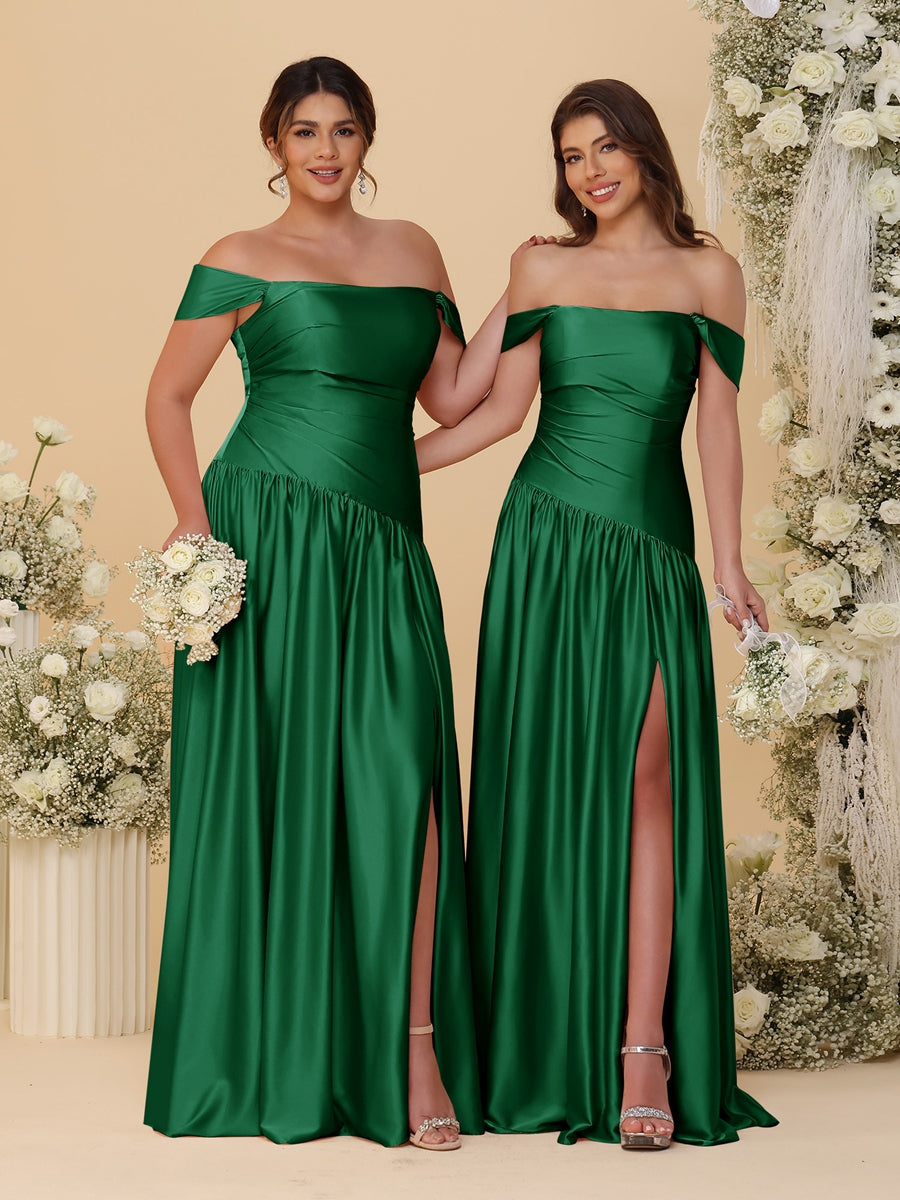A-Line/Princess Off-the-Shoulder Ruched Long Bridesmaid Dresses With Side Slit & Pleats