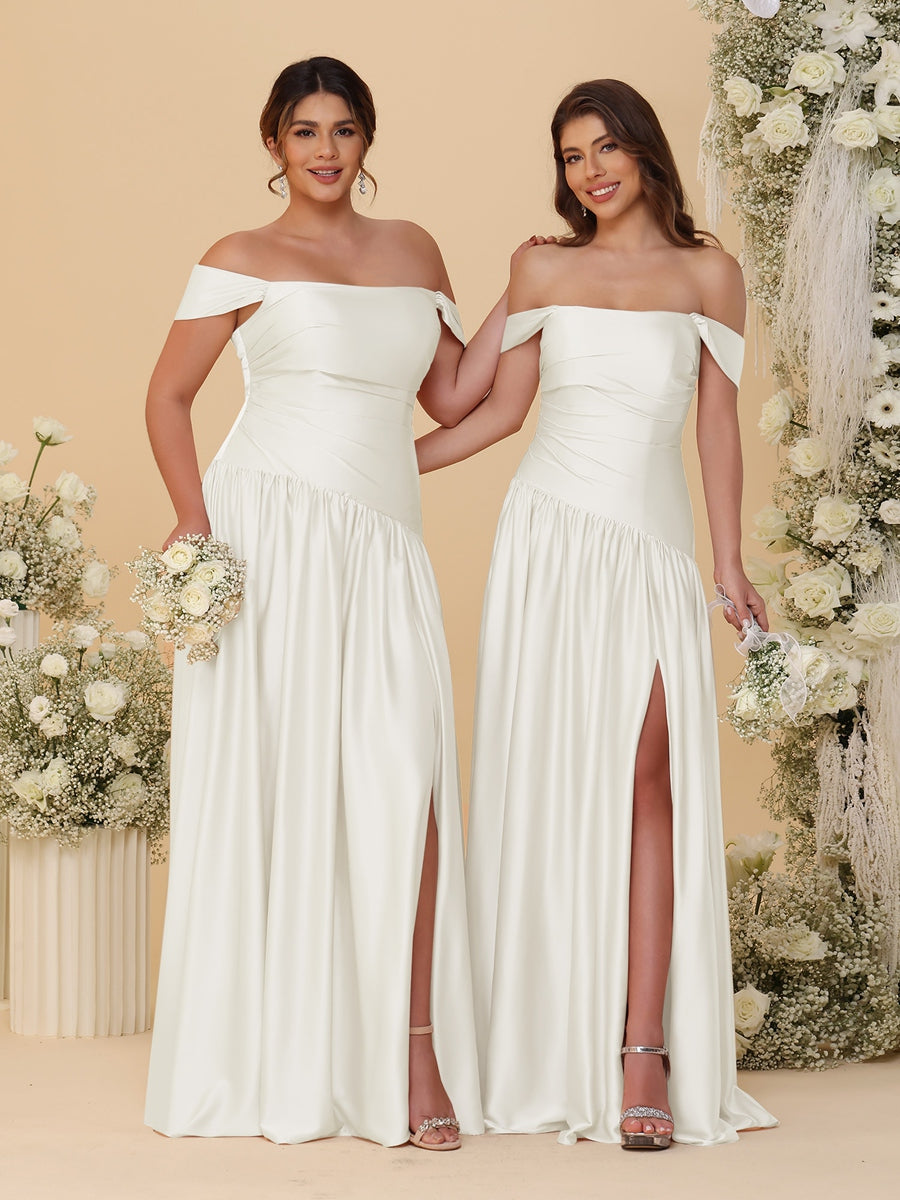 A-Line/Princess Off-the-Shoulder Ruched Long Bridesmaid Dresses With Side Slit & Pleats