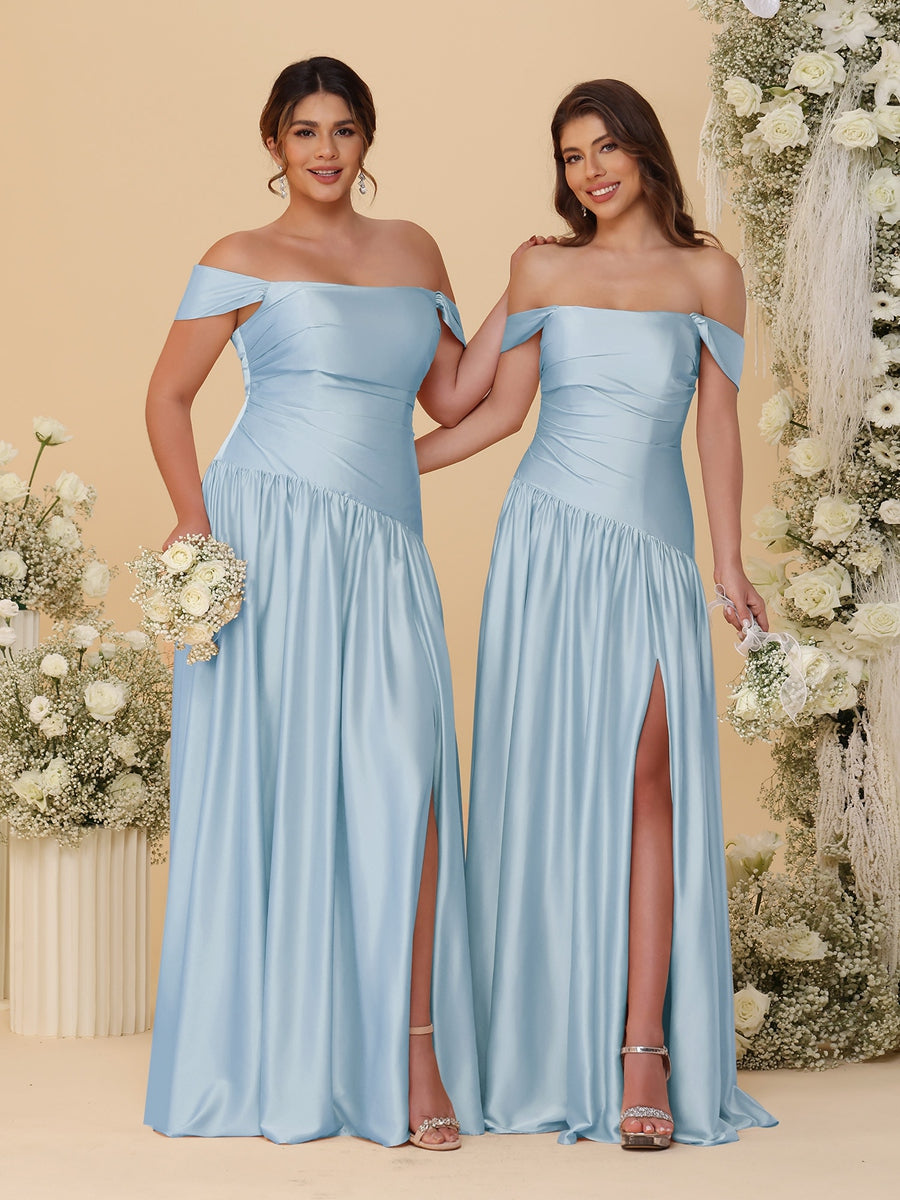 A-Line/Princess Off-the-Shoulder  Ruched Long Bridesmaid Dresses With Side Slit & Pleats