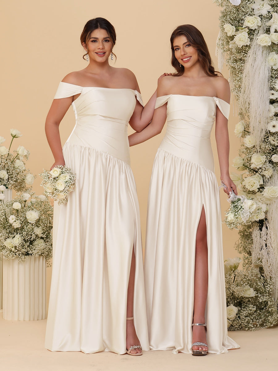 A-Line/Princess Off-the-Shoulder Ruched Long Bridesmaid Dresses With Side Slit & Pleats