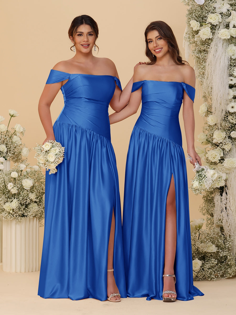 A-Line/Princess Off-the-Shoulder  Ruched Long Bridesmaid Dresses With Side Slit & Pleats