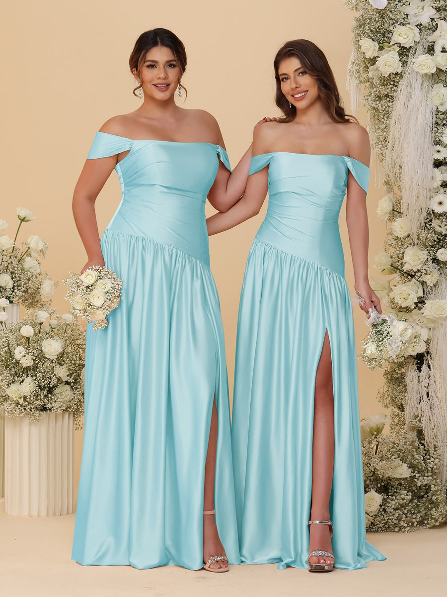 A-Line/Princess Off-the-Shoulder  Ruched Long Bridesmaid Dresses With Side Slit & Pleats
