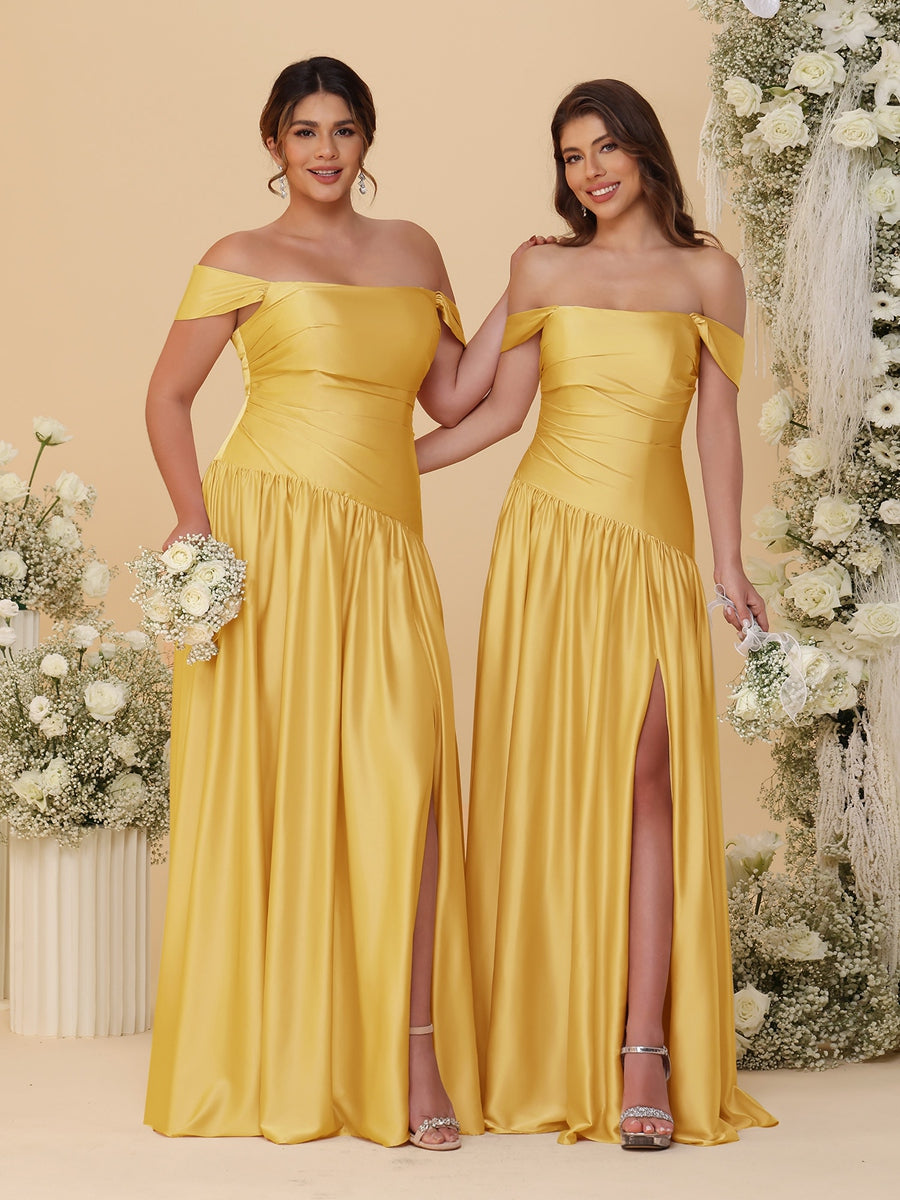 A-Line/Princess Off-the-Shoulder Ruched Long Bridesmaid Dresses With Side Slit & Pleats