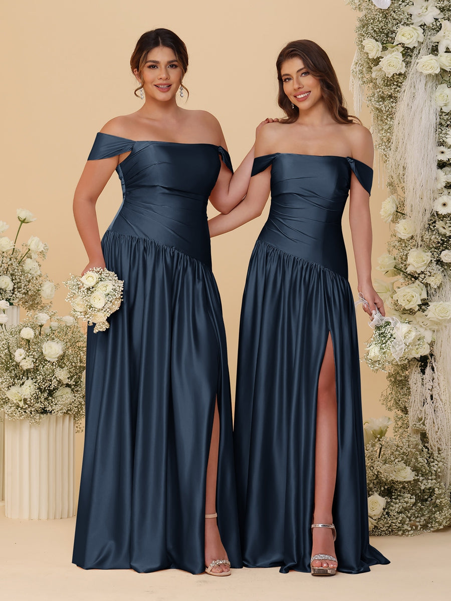 A-Line/Princess Off-the-Shoulder Ruched Long Bridesmaid Dresses With Side Slit & Pleats