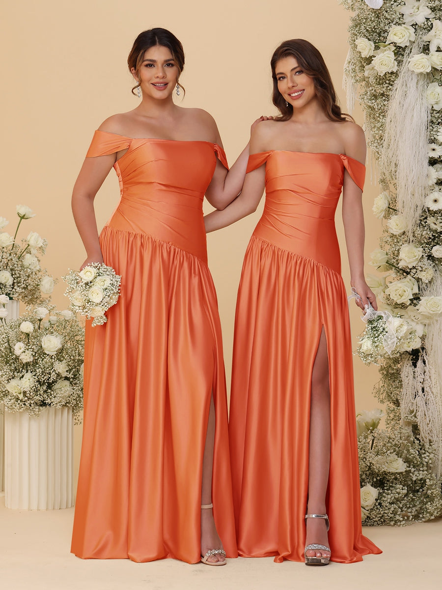 A-Line/Princess Off-the-Shoulder Ruched Long Bridesmaid Dresses With Side Slit & Pleats