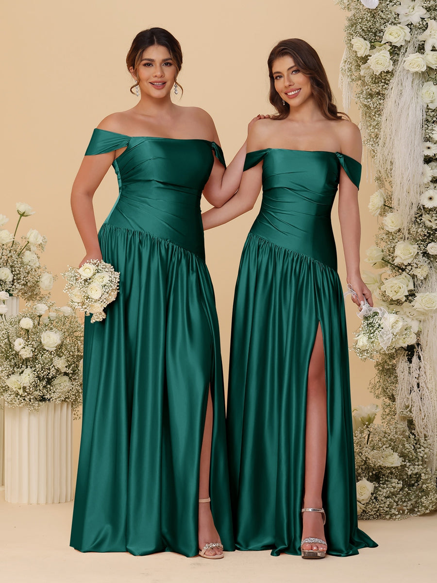 A-Line/Princess Off-the-Shoulder Ruched Long Bridesmaid Dresses With Side Slit & Pleats