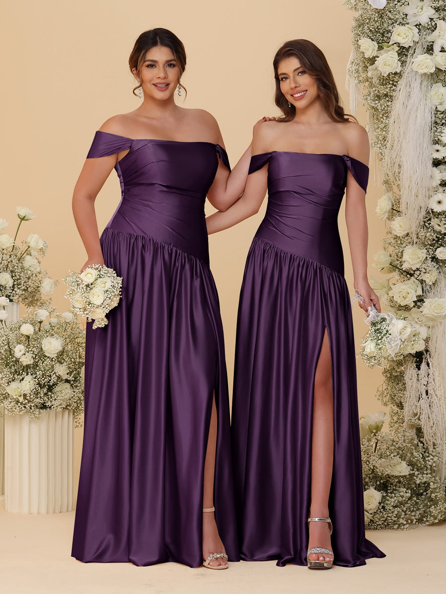 A-Line/Princess Off-the-Shoulder Ruched Long Bridesmaid Dresses With Side Slit & Pleats