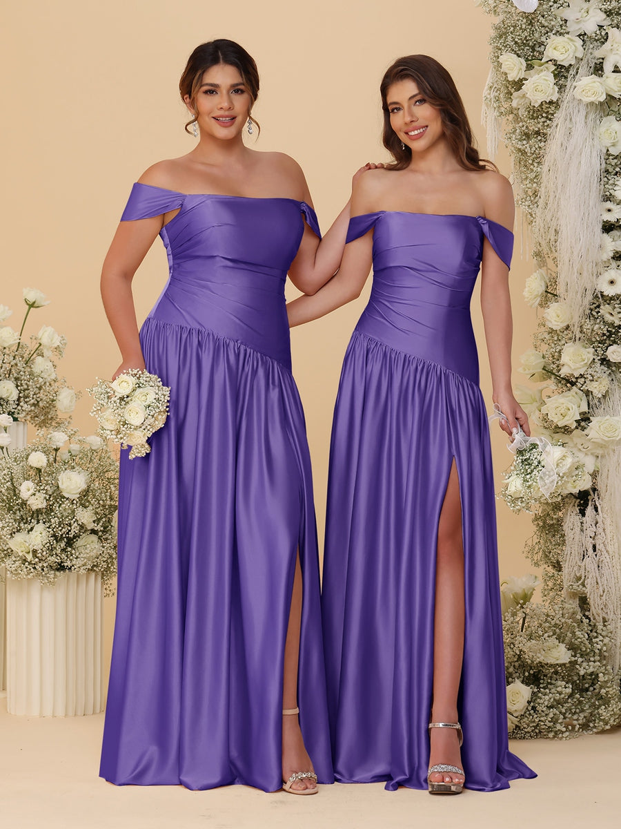 A-Line/Princess Off-the-Shoulder Ruched Long Bridesmaid Dresses With Side Slit & Pleats