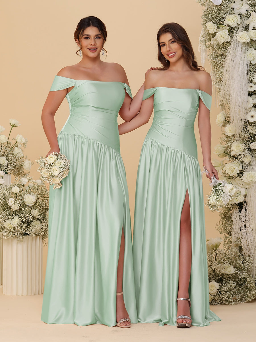 A-Line/Princess Off-the-Shoulder Ruched Long Bridesmaid Dresses With Side Slit & Pleats