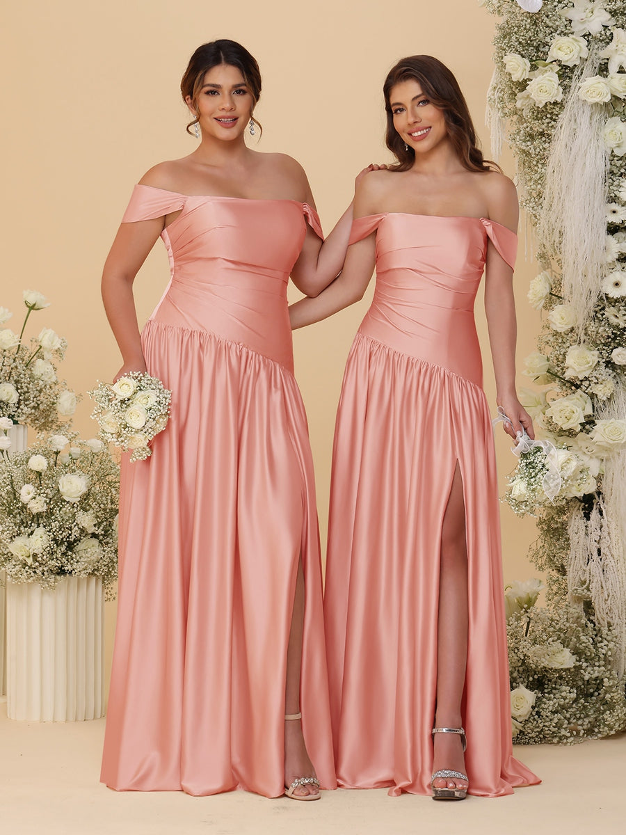 A-Line/Princess Off-the-Shoulder  Ruched Long Bridesmaid Dresses With Side Slit & Pleats