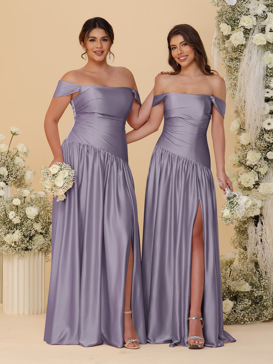 A-Line/Princess Off-the-Shoulder  Ruched Long Bridesmaid Dresses With Side Slit & Pleats