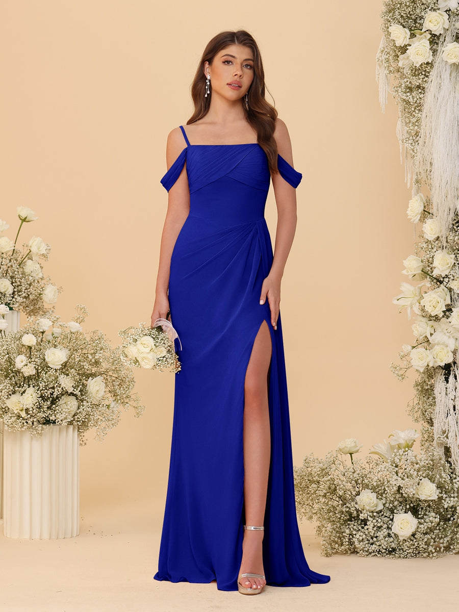 Sheath/Column Off-the-Shoulder Spaghetti Straps Long Ruched Bridesmaid Dresses With Side Slit