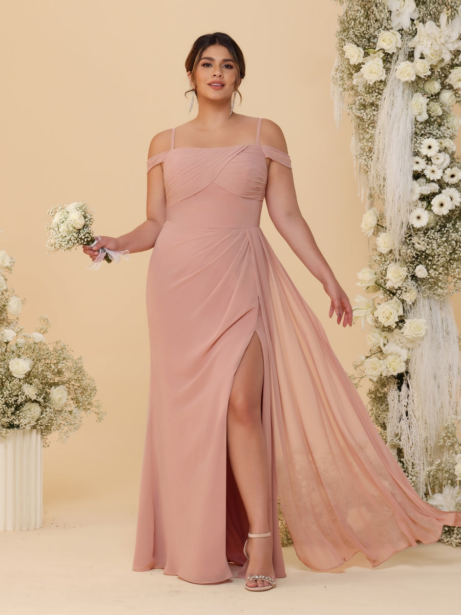 Sheath/Column Off-the-Shoulder Spaghetti Straps Plus Size Bridesmaid Dresses With Side Slit