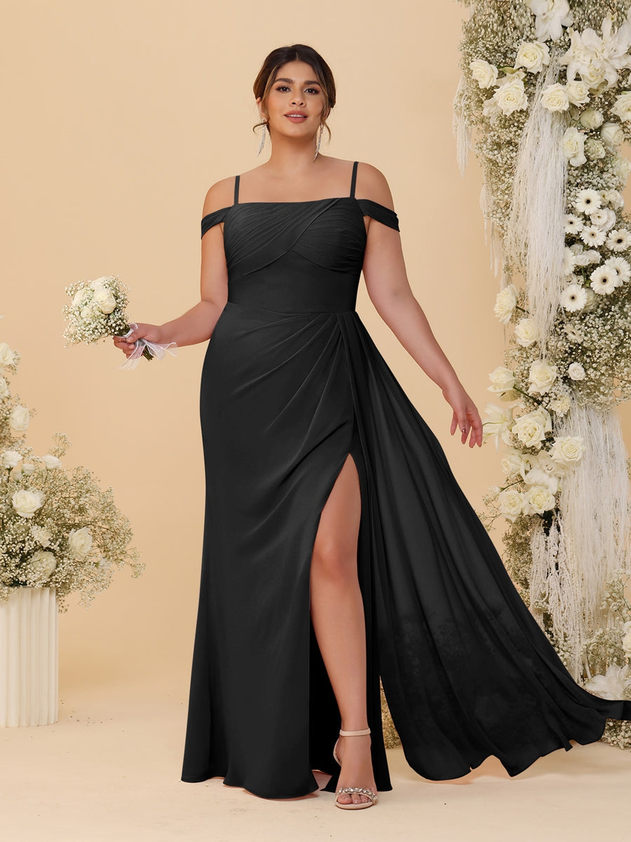 Sheath/Column Off-the-Shoulder Spaghetti Straps Plus Size Bridesmaid Dresses With Side Slit