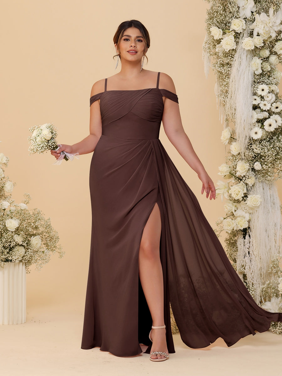 Sheath/Column Off-the-Shoulder Spaghetti Straps Plus Size Bridesmaid Dresses With Side Slit