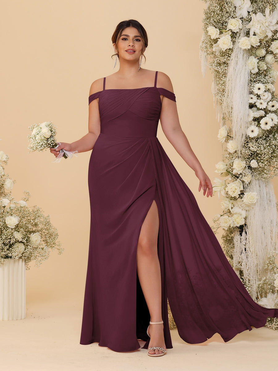 Sheath/Column Off-the-Shoulder Spaghetti Straps Plus Size Bridesmaid Dresses With Side Slit