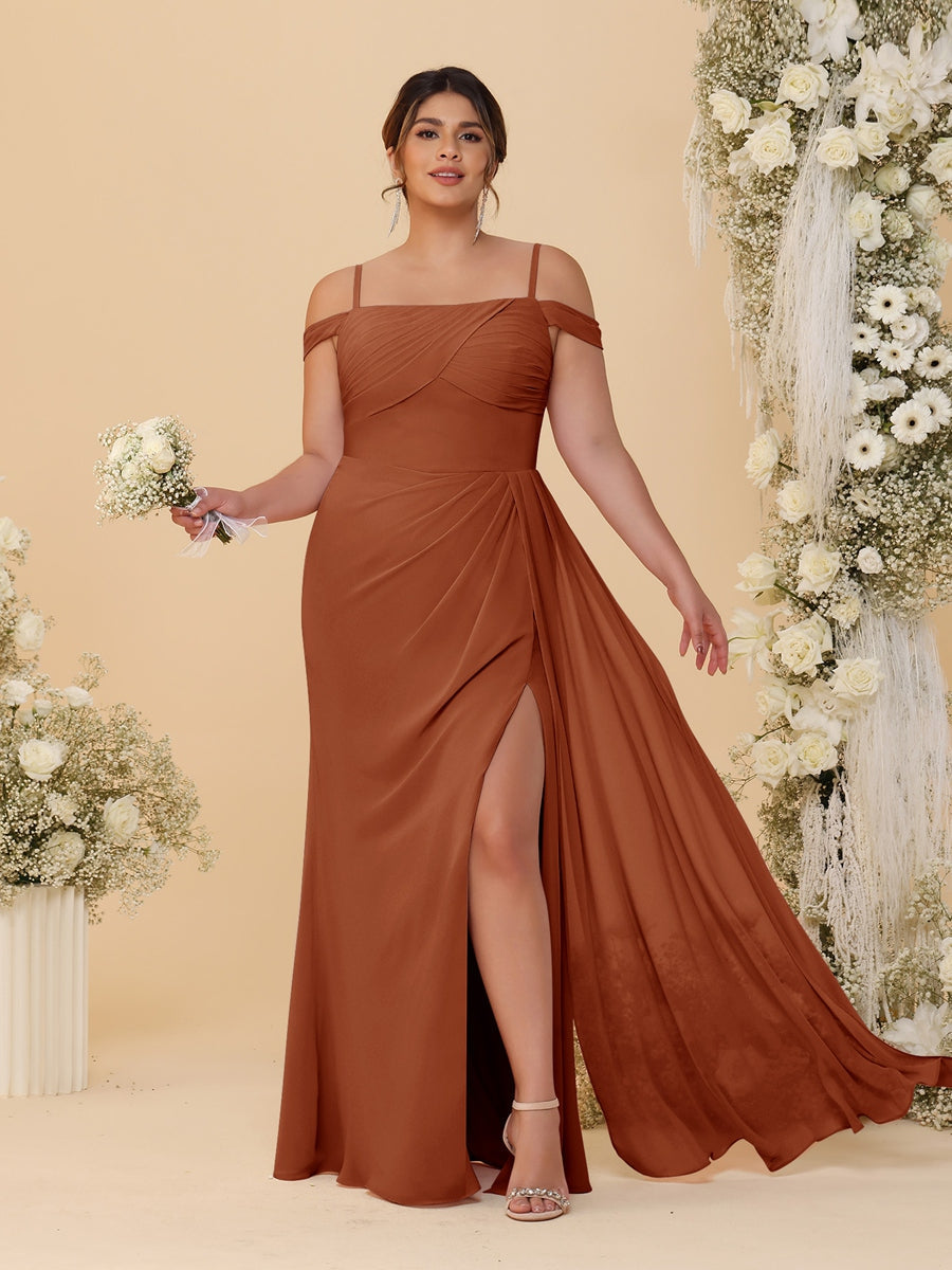 Sheath/Column Off-the-Shoulder Spaghetti Straps Plus Size Bridesmaid Dresses With Side Slit