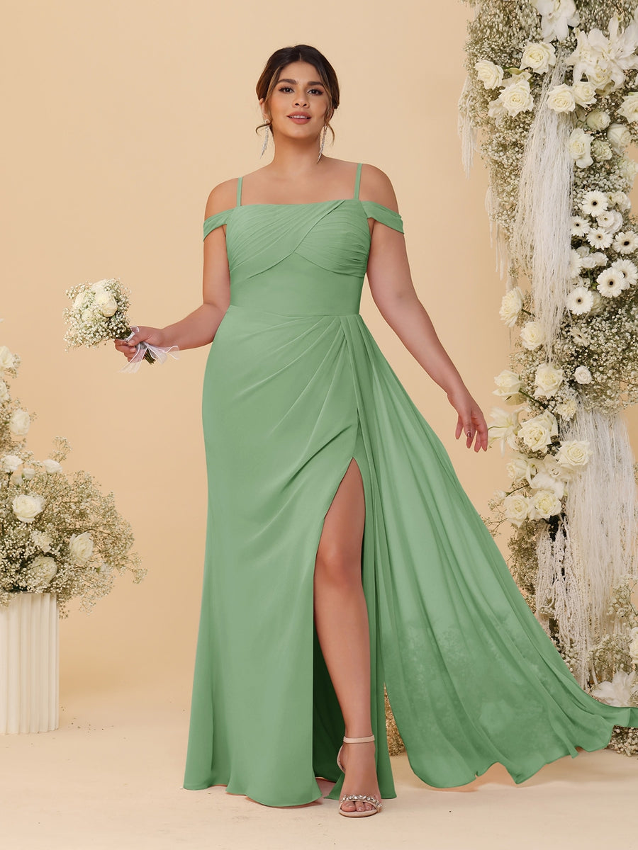 Sheath/Column Off-the-Shoulder Spaghetti Straps Plus Size Bridesmaid Dresses With Side Slit