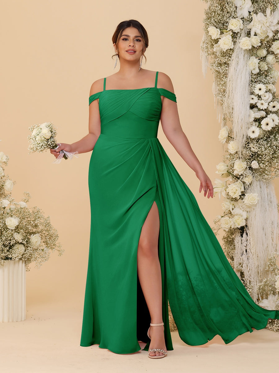 Sheath/Column Off-the-Shoulder Spaghetti Straps Plus Size Bridesmaid Dresses With Side Slit
