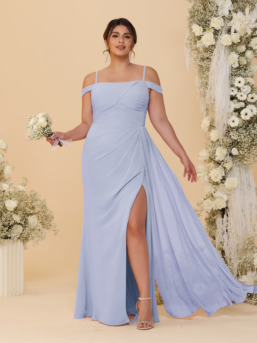 Sheath/Column Off-the-Shoulder Spaghetti Straps Plus Size Bridesmaid Dresses With Side Slit