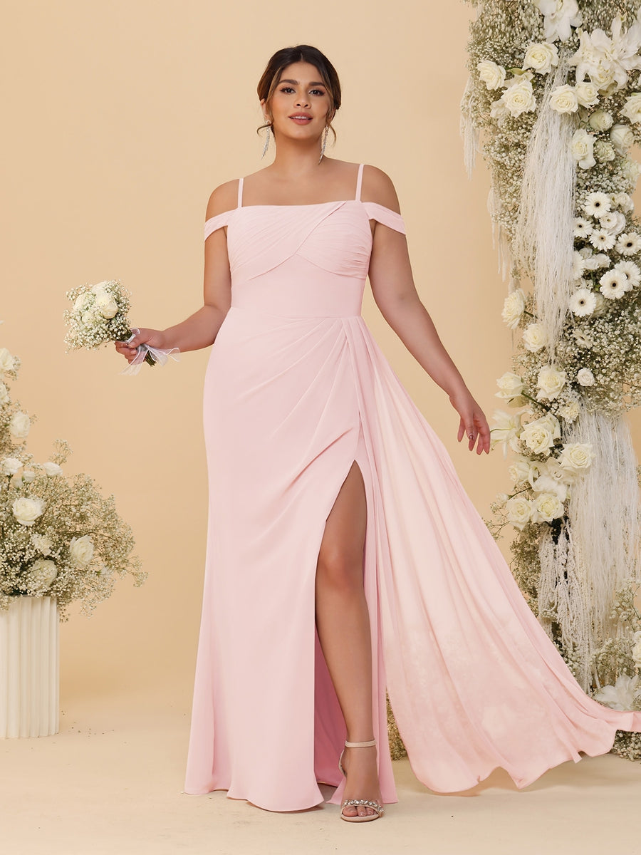 Sheath/Column Off-the-Shoulder Spaghetti Straps Plus Size Bridesmaid Dresses With Side Slit