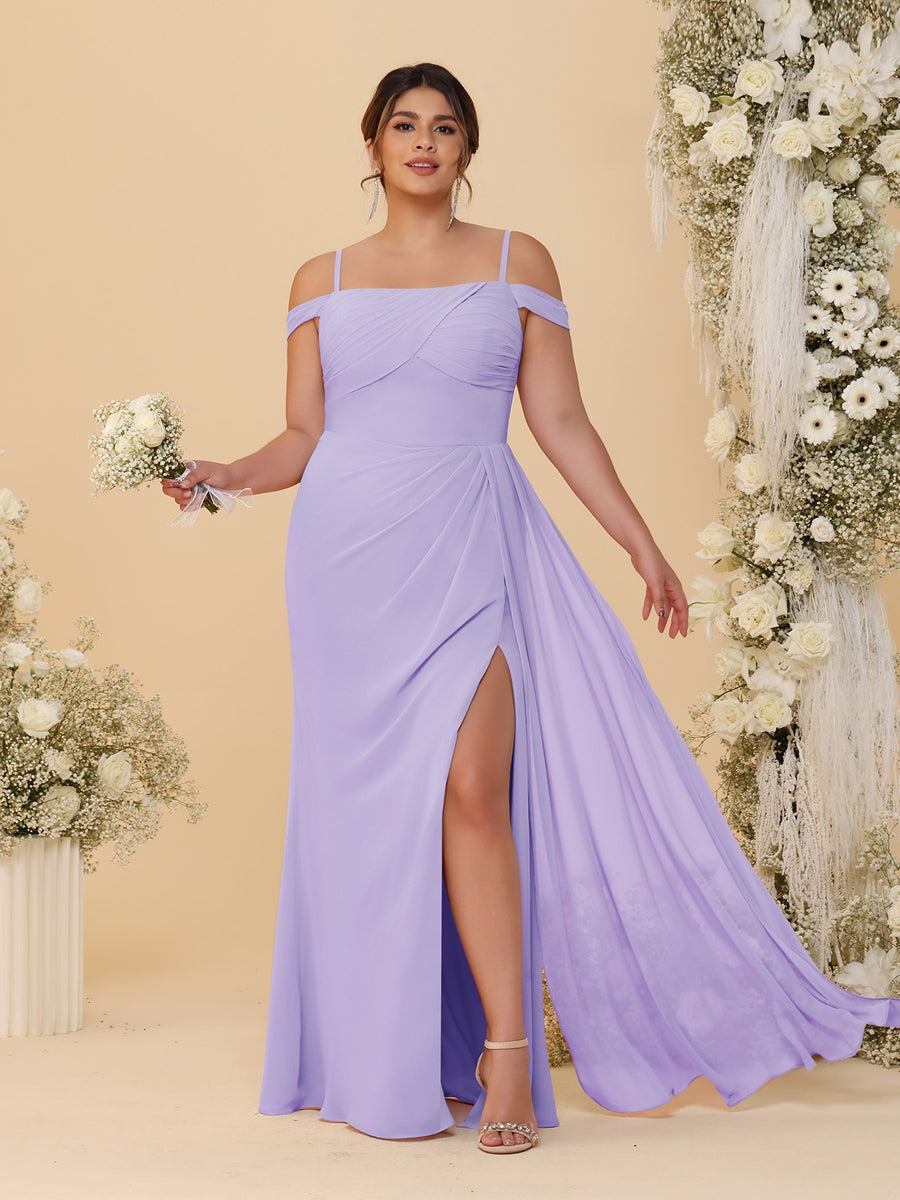Sheath/Column Off-the-Shoulder Spaghetti Straps Plus Size Bridesmaid Dresses With Side Slit