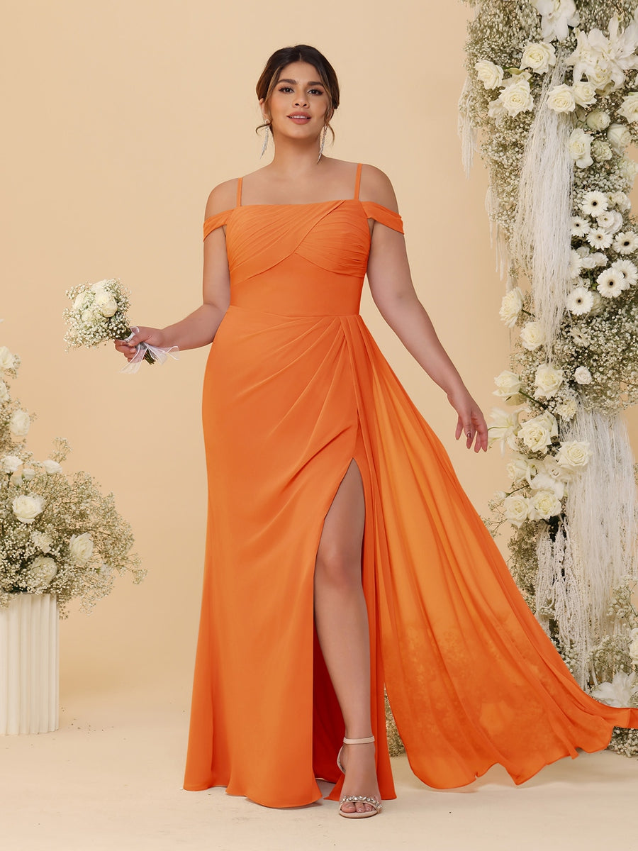 Sheath/Column Off-the-Shoulder Spaghetti Straps Plus Size Bridesmaid Dresses With Side Slit