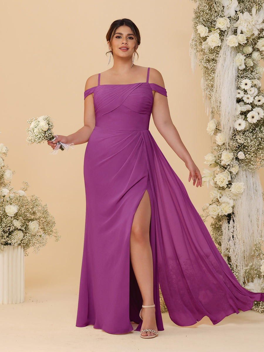 Sheath/Column Off-the-Shoulder Spaghetti Straps Plus Size Bridesmaid Dresses With Side Slit