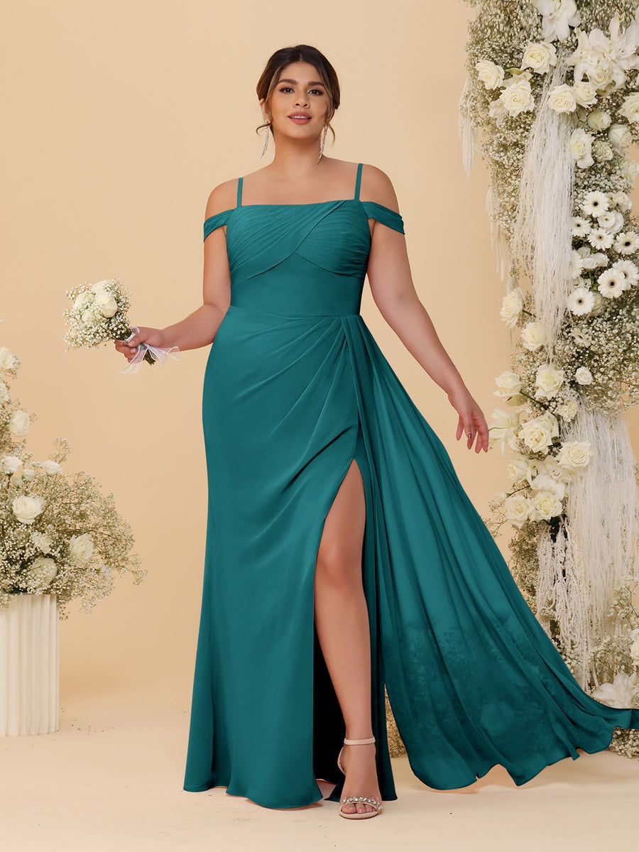 Sheath/Column Off-the-Shoulder Spaghetti Straps Plus Size Bridesmaid Dresses With Side Slit