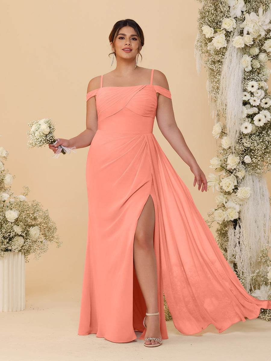 Sheath/Column Off-the-Shoulder Spaghetti Straps Plus Size Bridesmaid Dresses With Side Slit
