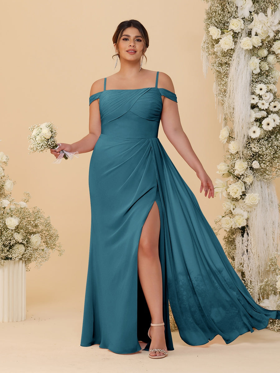 Sheath/Column Off-the-Shoulder Spaghetti Straps Plus Size Bridesmaid Dresses With Side Slit