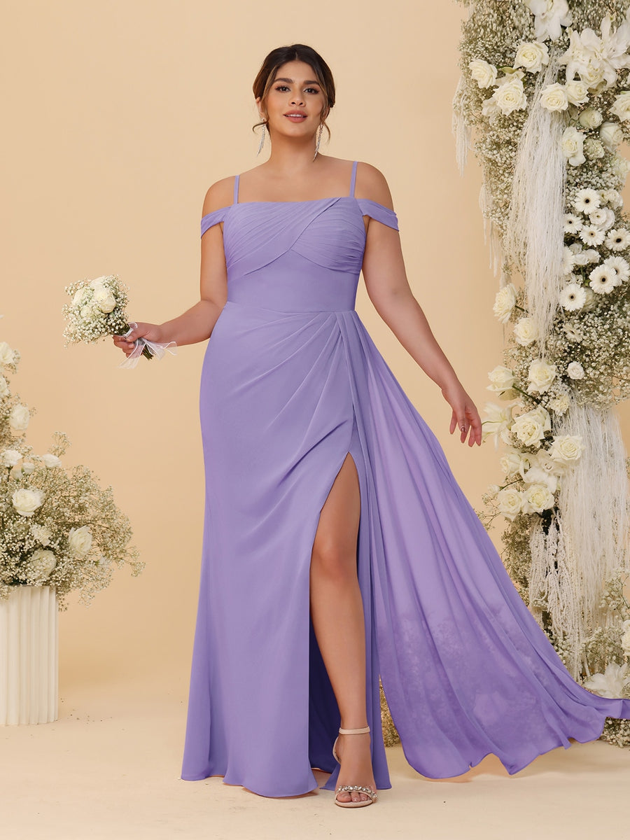 Sheath/Column Off-the-Shoulder Spaghetti Straps Plus Size Bridesmaid Dresses With Side Slit