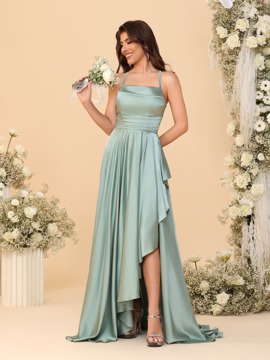 A-Line/Princess Spaghetti Straps Sleeveless Sweep Train Bridesmaid Dresses With Split Side
