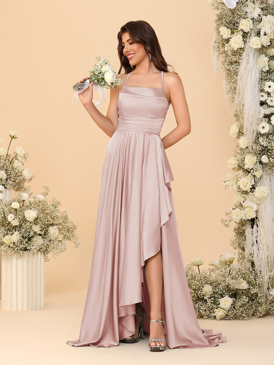 A-Line/Princess Spaghetti Straps Sleeveless Sweep Train Bridesmaid Dresses With Split Side