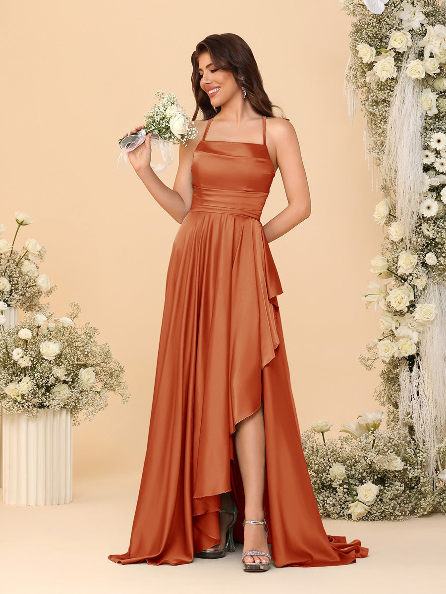 A-Line/Princess Spaghetti Straps Sleeveless Sweep Train Bridesmaid Dresses With Split Side
