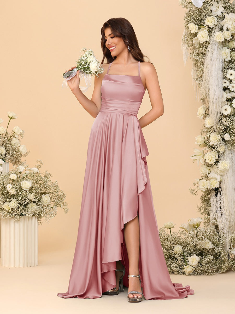 A-Line/Princess Spaghetti Straps Sleeveless Sweep Train Bridesmaid Dresses With Split Side