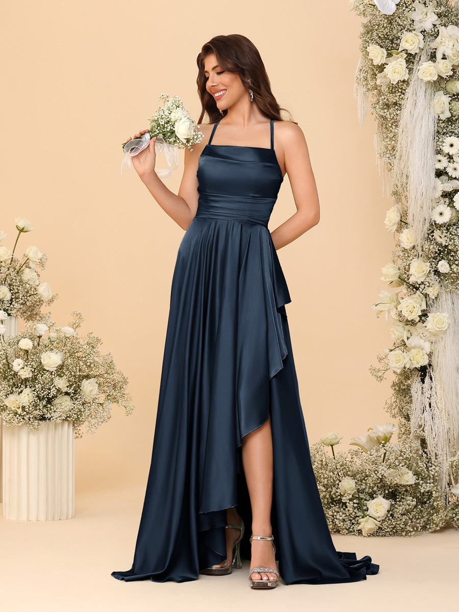 A-Line/Princess Spaghetti Straps Sleeveless Sweep Train Bridesmaid Dresses With Split Side