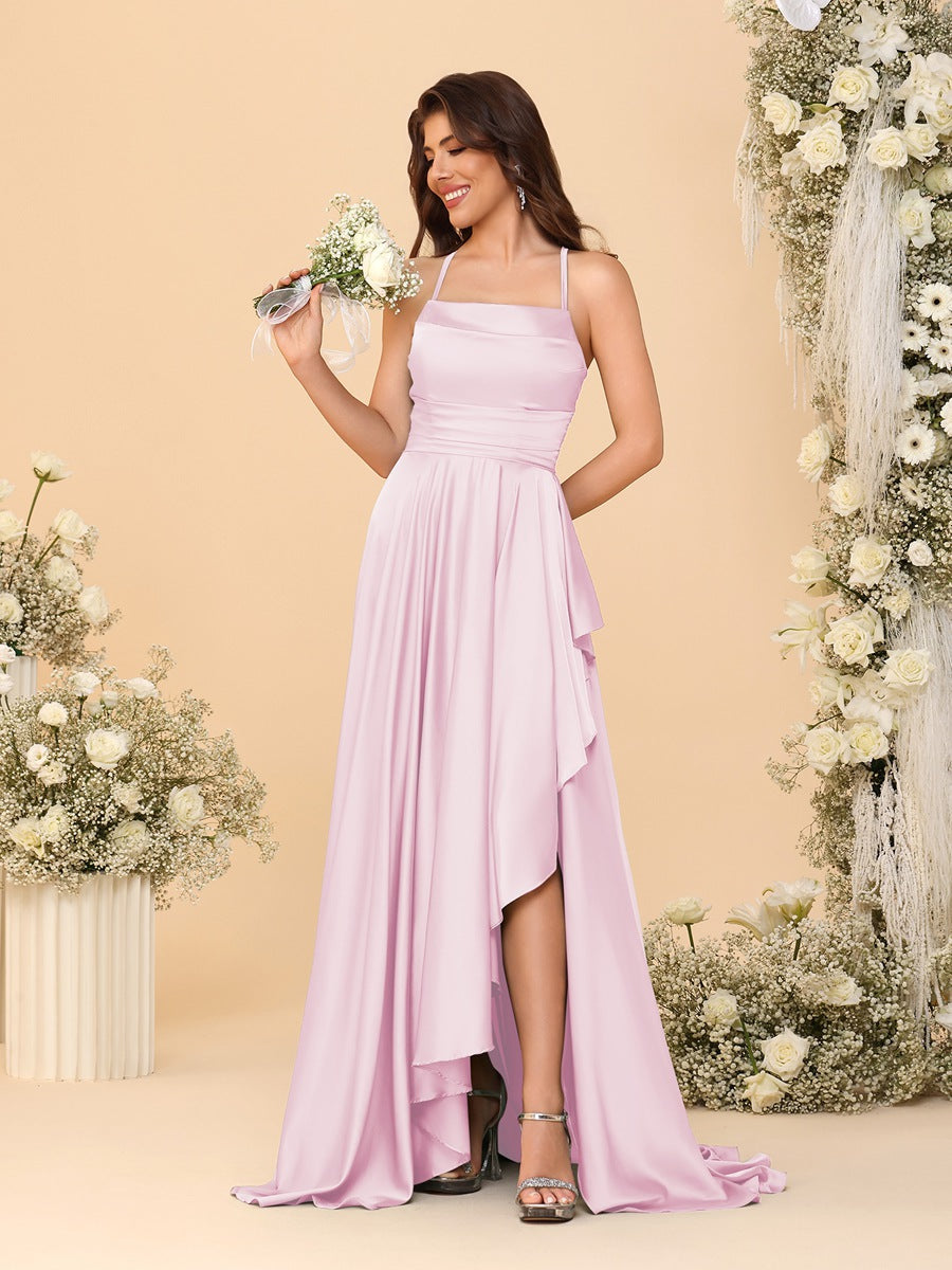 A-Line/Princess Spaghetti Straps Sleeveless Sweep Train Bridesmaid Dresses With Split Side