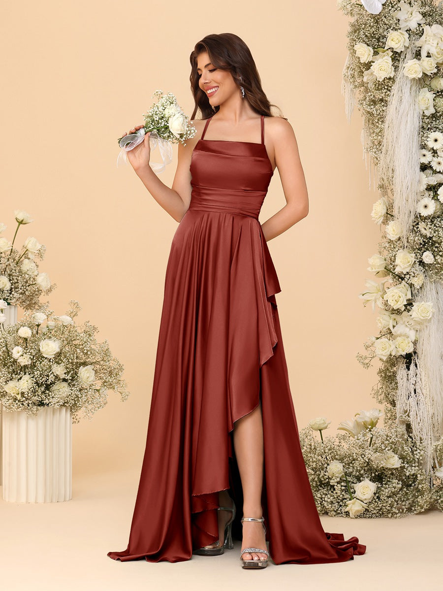 A-Line/Princess Spaghetti Straps Sleeveless Sweep Train Bridesmaid Dresses With Split Side