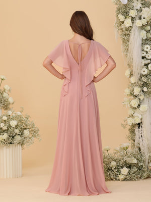 A-Line/Princess V-Neck Short Sleeves Floor-Length Plus Size Bridesmaid Dresses With Side Slit